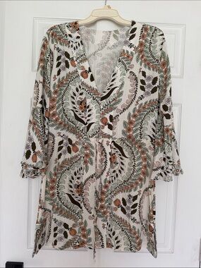 Maaji Cream Paisley Floral Long Sleeve Tunic Dress with Drawstring
